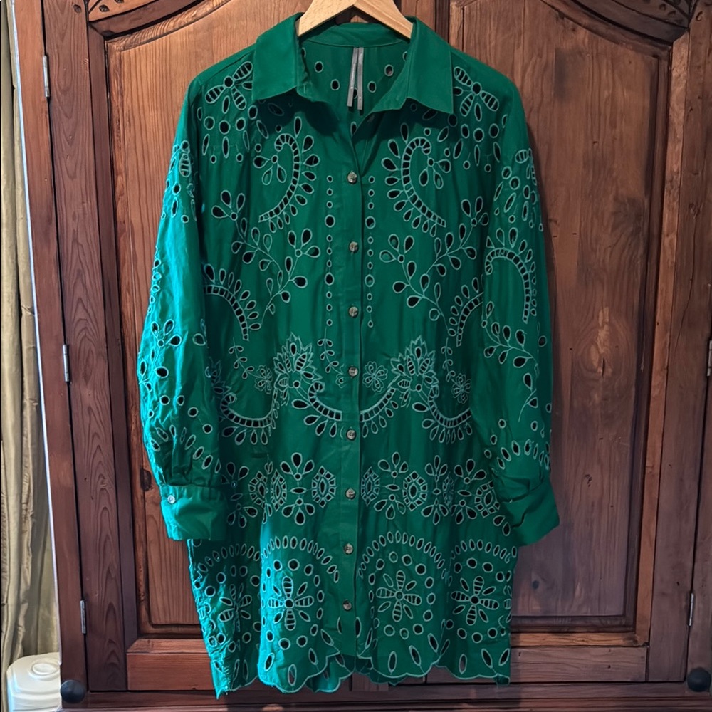 EUC By Anthropologie Green Eyelet  Button Down Shirt Mini Dress